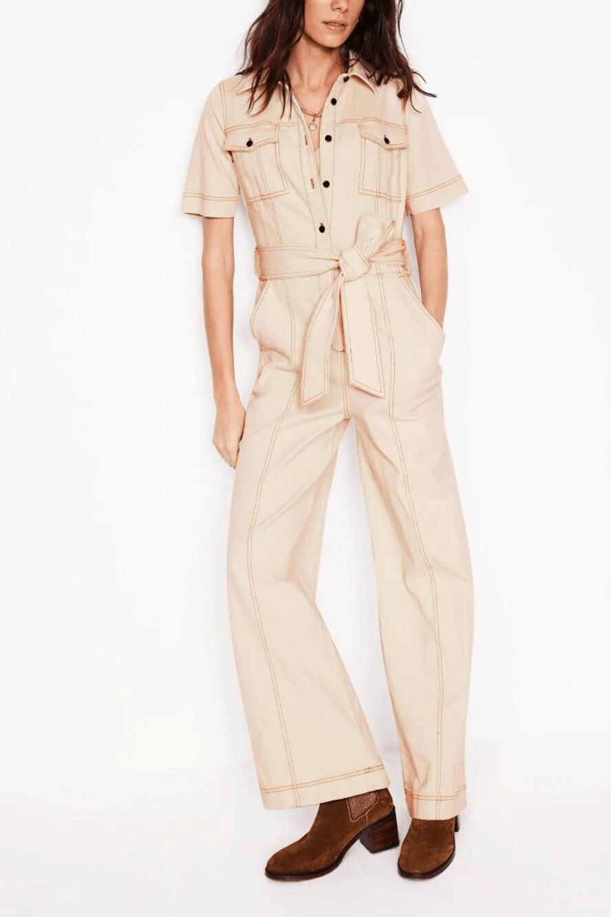 Boden Cream Short Sleeve Button Up Denim Jean Jumpsuit Women's Size 8 NWT